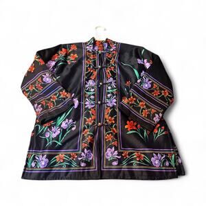 Kashmir India Floral Type Black Jacket Top Button Up Front Size Meduim